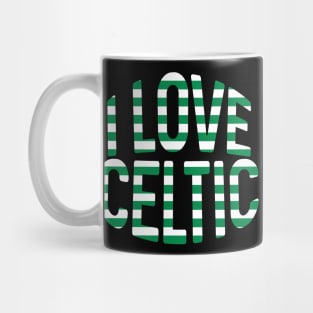 I LOVE CELTIC, Glasgow Celtic Football Club Green and White Hooped Text Design Mug